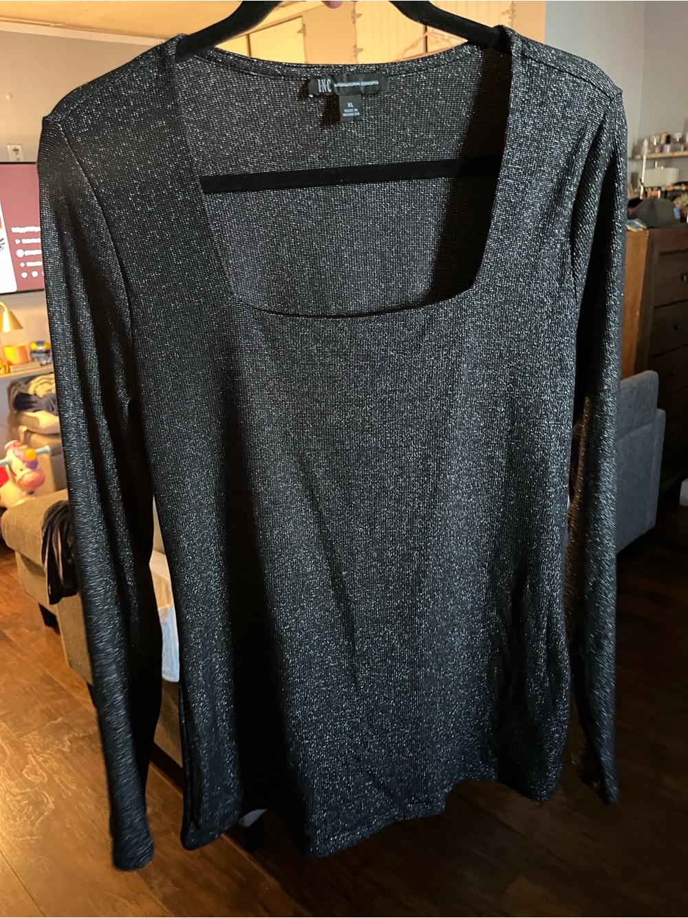 INC International Concepts Black Shimmer Square Neck Long Sleeve Top Size XL